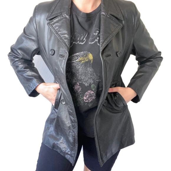 Wilson’s Leather Vintage Black Leather Double Breasted Jacket Size Small - Picture 1 of 9